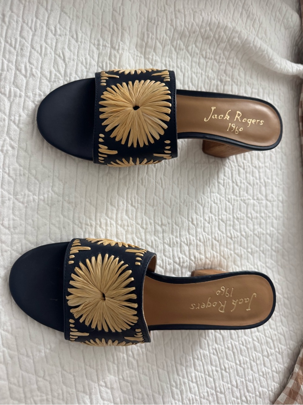 Jack Rogers Navy and Tan Embroidered Block Heels - Size 8